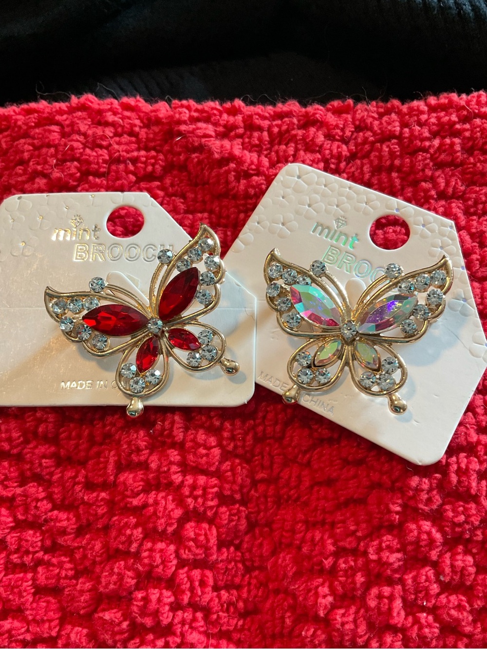Mint Brooch Crystal Butterfly Pins- Red & Iridescent. SET IF TWO
